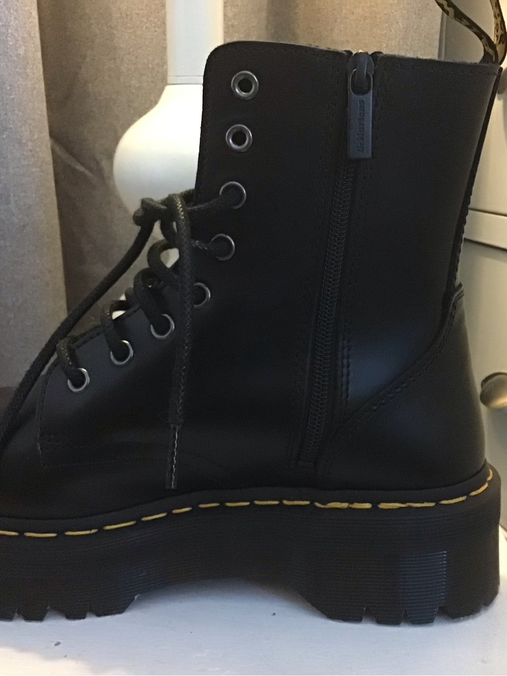 NWOT Dr. Martens Black Leather JadonPlatform Lace-Up Boots with Yellow Stitching - Picture 4 of 13